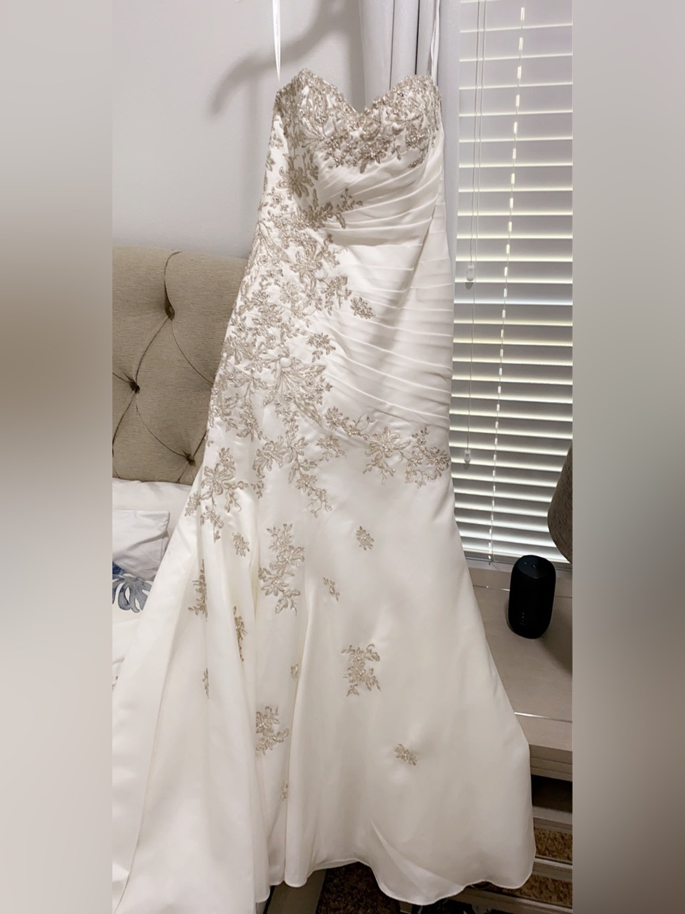 David's Bridal White Sheet with Cream Embroidered Accents